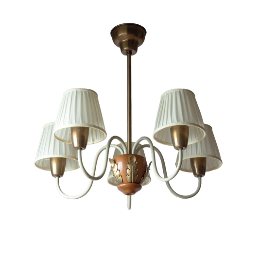 Vintage Hans Bergström 1940s Pendant Lamp - Wood, Fabric & Iron (Diameter 21")