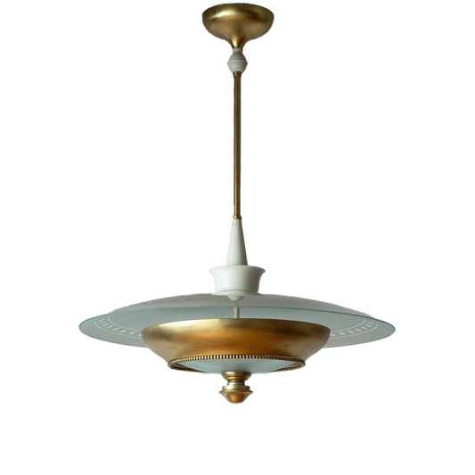 1940s Italian Heritage Chandelier | Fontana Style Curved Glass & Brass Pendant (29.5" H)