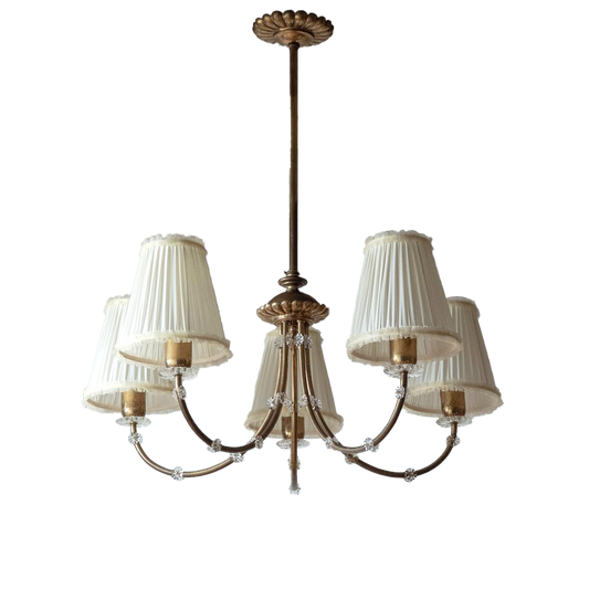 1940s Austrian Art Deco Chandelier | J&L Lobmeyr Style | Iron, Glass & Fabric (30.5")