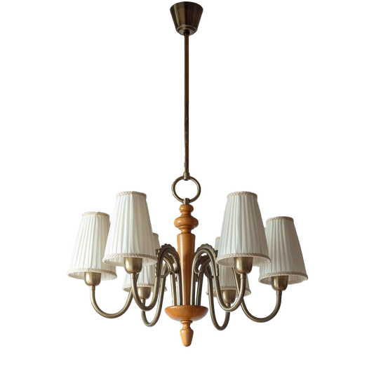 Art Deco Mixed Material Chandelier | Wood, Iron & Fabric | 6-Light Pendant (24.4")